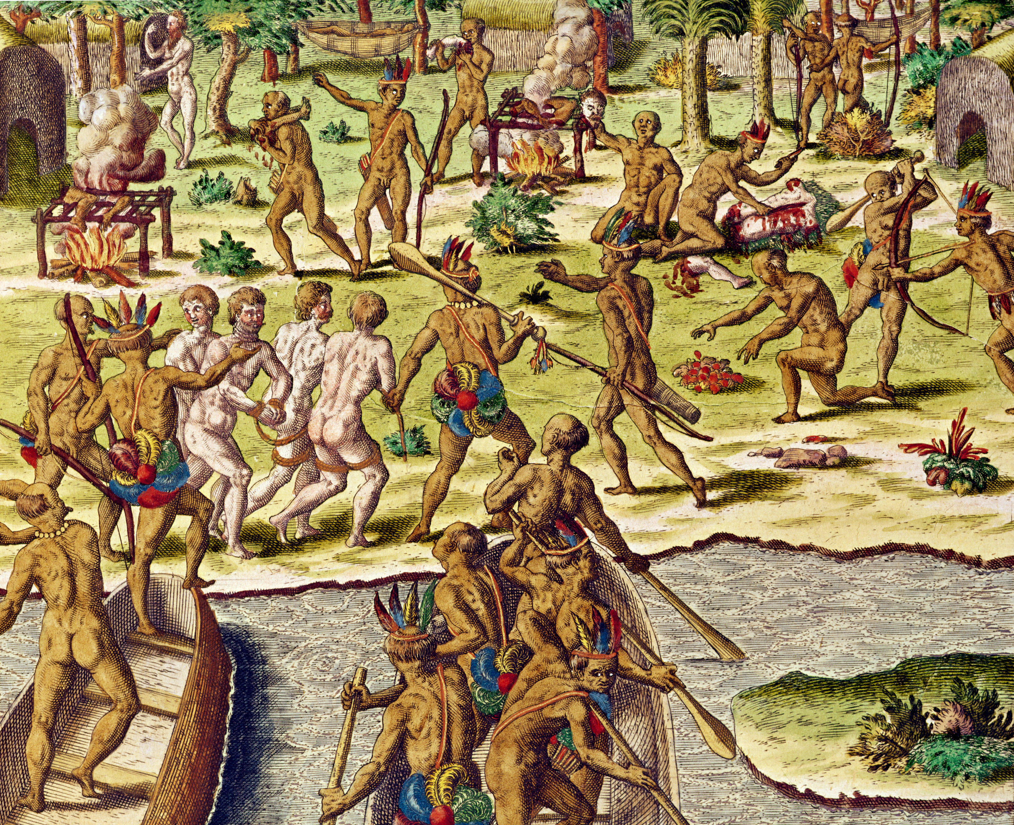Theodore de Bry illusztrációja a 16. századból: a kannibálok fehér embert esznek 